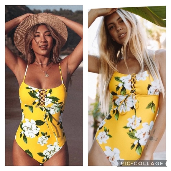 Cupshe Sunny Yellow Floral Print Lace-Up One-Piece Swimsuit Size Medium - Picture 2 of 11